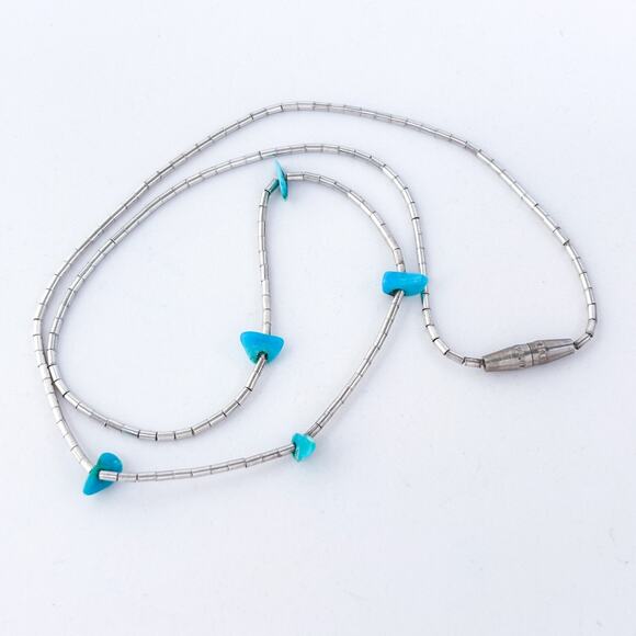 Vintage Sterling Liquid Silver 925 Tube Bead Turquoise Necklace 14.75” - Picture 2 of 4